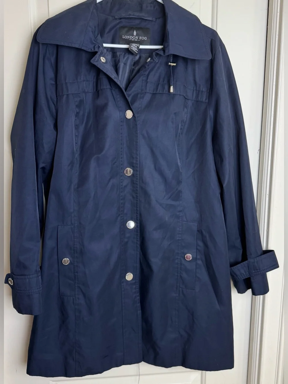 London Fog Women’s XL Navy Hooded Trench Raincoat Removable Hood